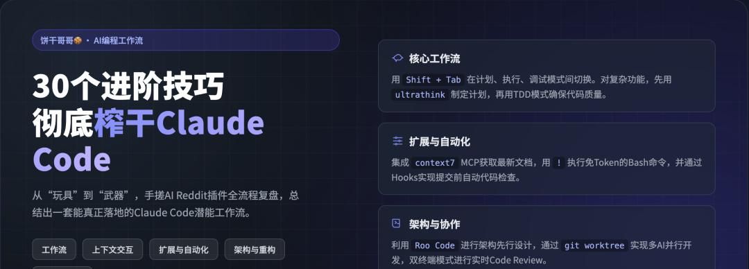 30 个进阶技巧彻底榨干Claude Code价值：工作流、上下文交互、拓展与自动化、架构与重构、性能与协作……