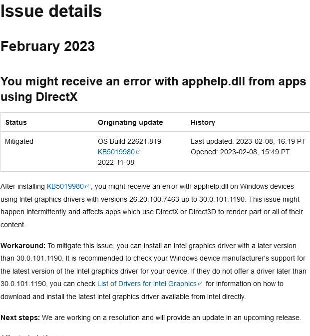 安装累积更新后 使用DirectX/Direct3D的Windows应用发生崩溃
