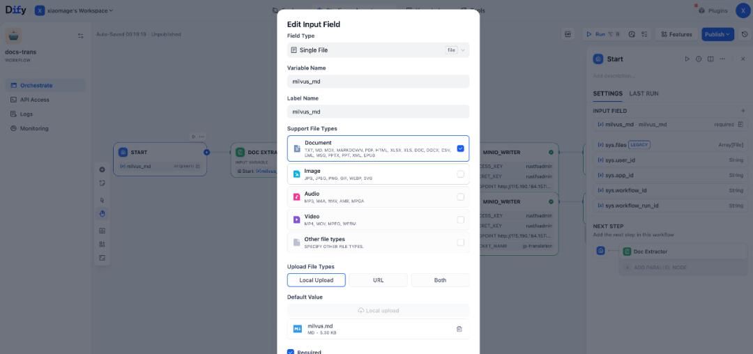 Dify + RustFS + Milvus，构建文档多语言翻译 AI Workflow