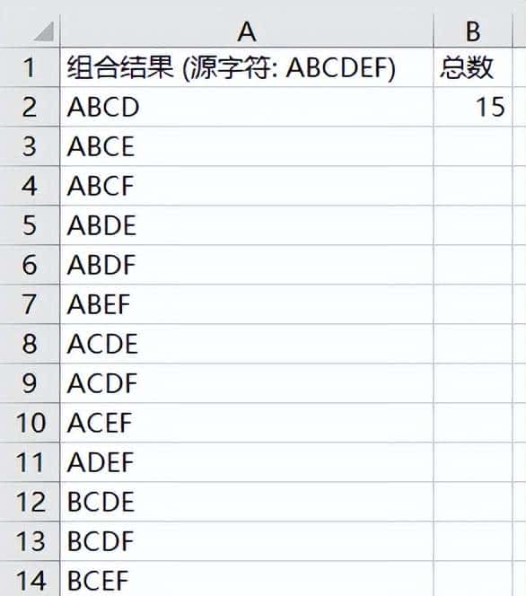 如何在 Excel 中列出 6 个字符中所有 4 个字符的组合?