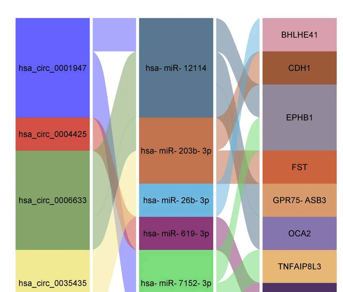 冲积图（alluvial  plot）展示竞争性内源RNA（ceRNA）网络