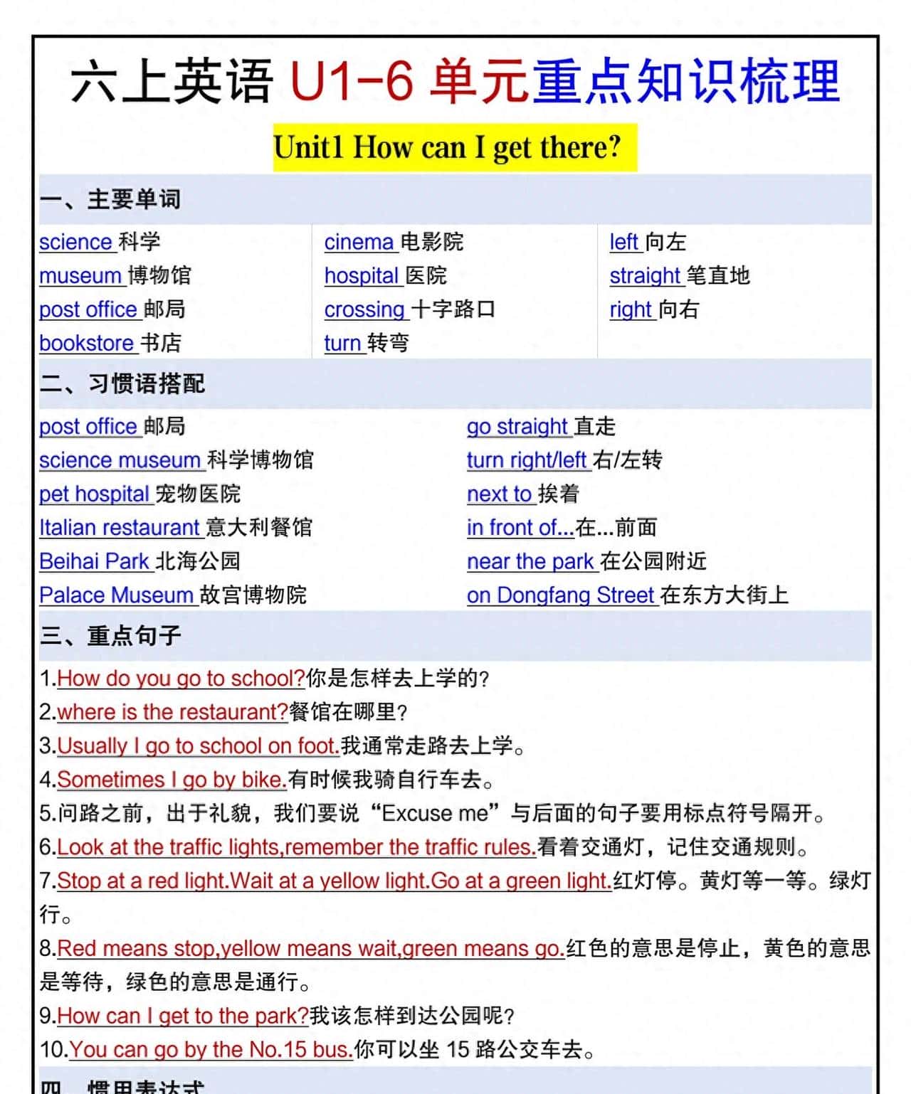 六年级上册英语 U1-U6 单元重点知识梳理：夯实基础，