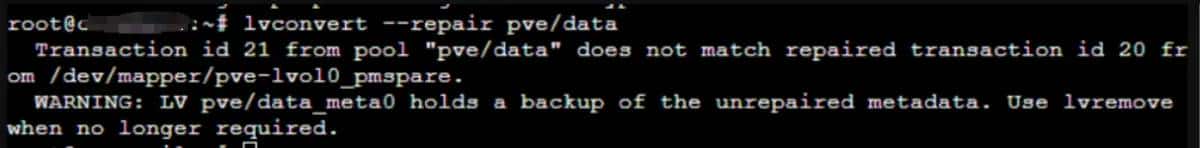 ProxmoxVE(PVE)：Check of pool pve/data failed (status:1). Manual repair required!