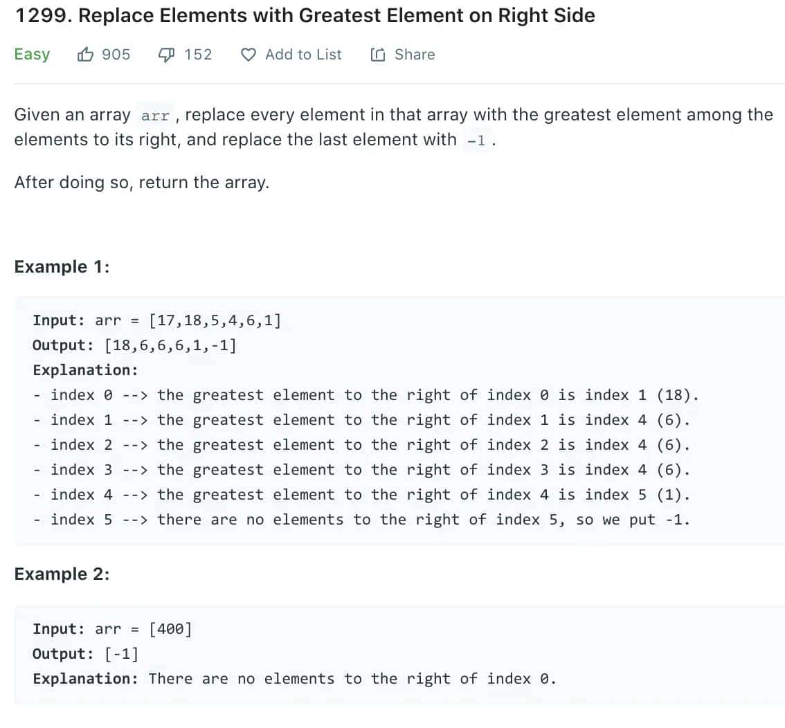 Leetcode 1299. Replace Elements with Greatest Element on Right Side