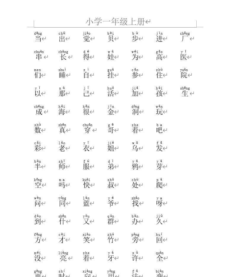 小学一年级上册识字表带拼音