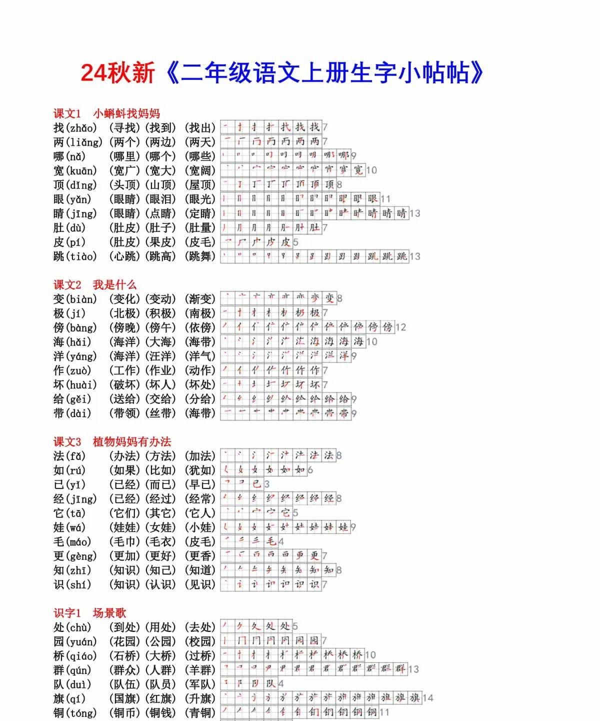 二年级上册语文生字小帖帖（包含生字、拼音、笔顺、组词，课课贴）